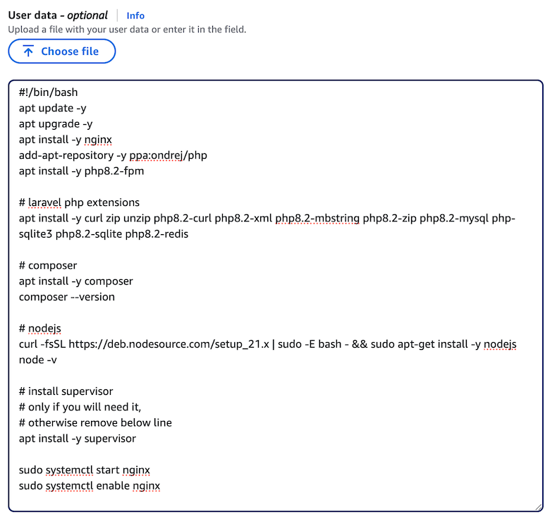 AWS EC2 User Data configuration window