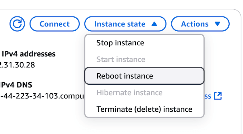 Reboot EC2 Instance to reload all changes on server