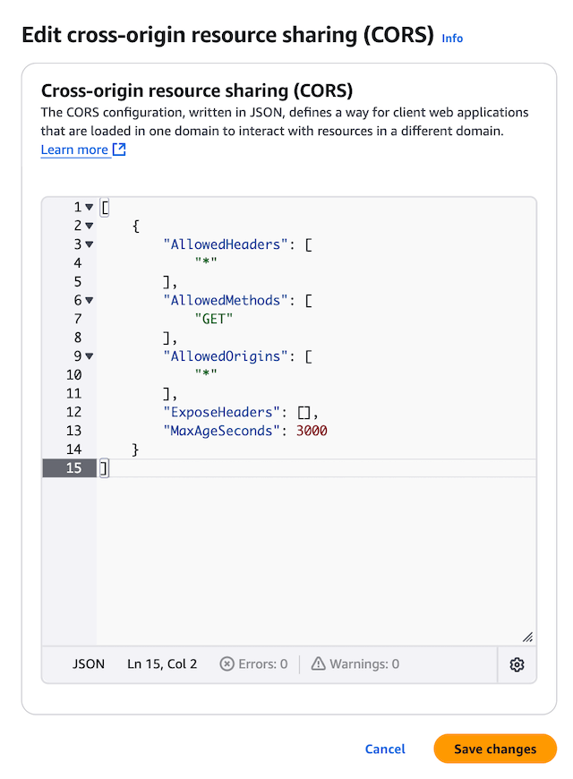 Setting CORS using JSON in your S3 Bucket