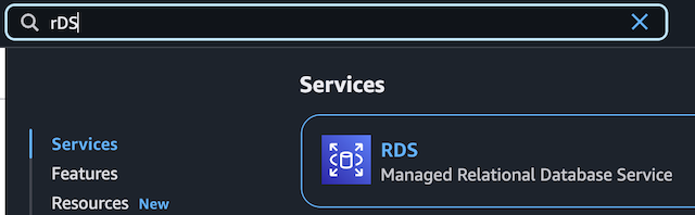 RDS Service search on AWS Dashboard