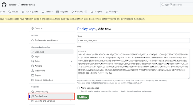 Github Settings -> Deploy Keys -> Add Key